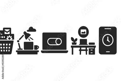 Mindful Workspace Icons. Solid style icons of mindful remote work spaces: digital declutter symbol, natural light over desk, calm