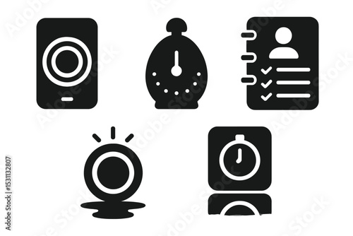 Mindful Time Icons. Solid style icons of mindful time management: app with session rings, gentle timer icon, mindfulness planner