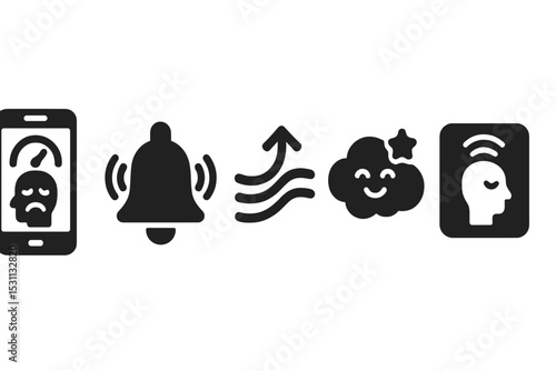 Stress Relief Icons. Solid style icons of stress relief & focus aids: app with stress score, mindfulness bell icon, breathing flow