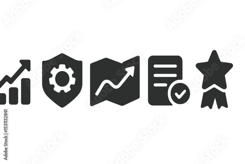 Personal Growth Icons. Solid style icons of personal growth trackers: upward trend graph, skill mastery badge, growth map icon,