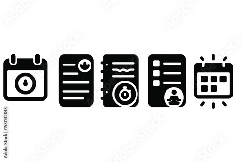 Mindful Focus Icons. Solid style icons of mindful focus schedules: calendar with focus ring, daily schedule with calm badge,