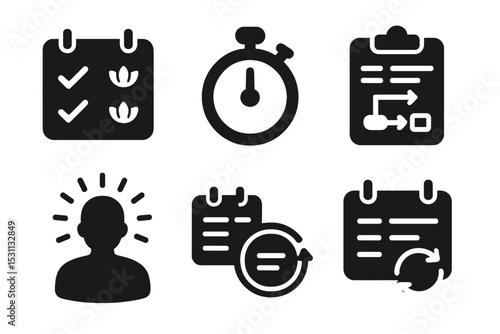 Mindful Schedule Icons. Solid style icons of mindful focus schedules: schedule with mindfulness tags, focus timer badge, calm