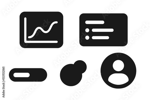 Serene Dashboard Icons. Solid style icons of serene dashboard elements: clean chart with soft lines, minimal stats card, calm