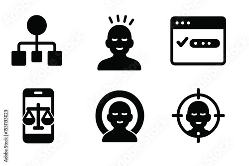Mindful Digital Balance. Solid style icons of mindful digital balance: balanced workflow diagram, user with calm aura, smooth task