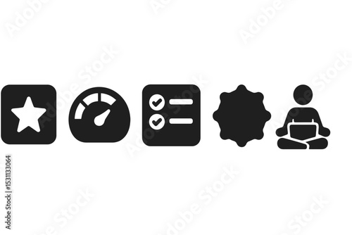 Mindful Digital Icons. Solid style icons of mindful digital serenity: app with motivation star, calm progress meter, focused task