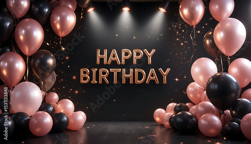 Cinematic birthday backdrop in soft black and rose gold, with floating foil balloons and spotlight glows.