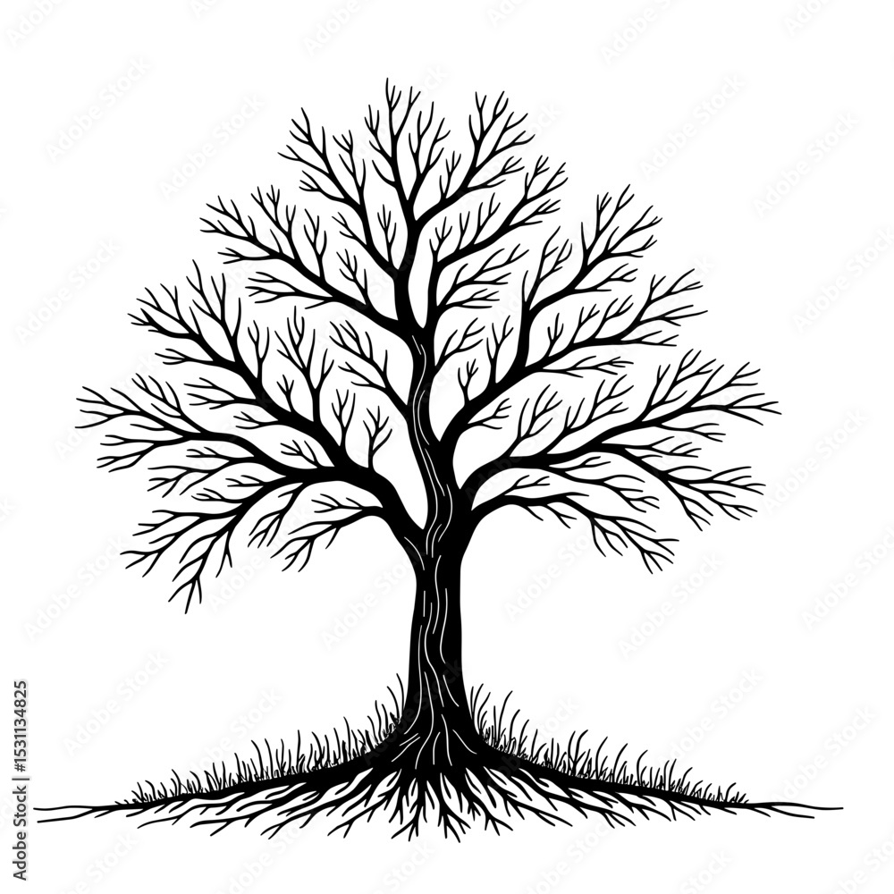 Obraz premium Detailed tree with bare branches and visible roots. Concept of organic structure and seasonal change
