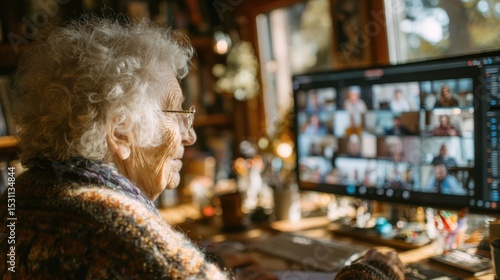 Elderly Woman in Video Conference, Profile View, Sunlit Room