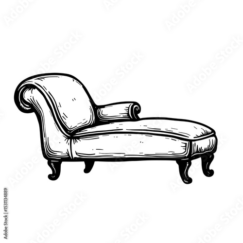 Chaise lounge with scrolled armrest and vintage body. Concept of luxury rest and antique style