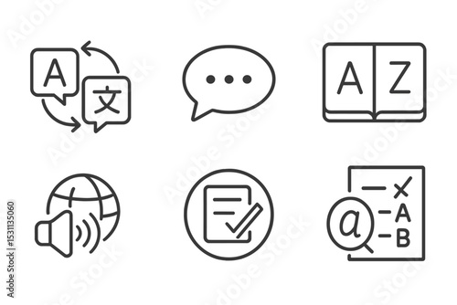 Language Course Icons. Line style icons of language courses: translation arrows, speech bubble icon, global language symbol,