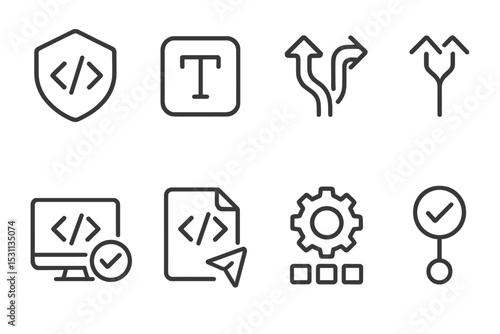 Programming Icons Set. Line style icons of programming: programming language badge, data type icon, code merging, code branching,