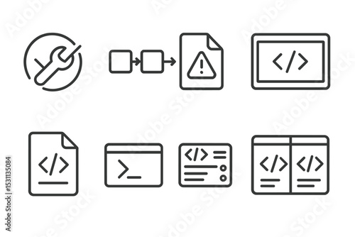 Programming Line Icons. Line style icons of programming: build status, deployment pipeline, error 404 icon, compiler output screen