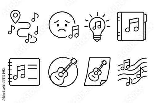 Music Icons Collection. Line style icons of music and instruments: music journey map, song mood icon, music inspiration light,