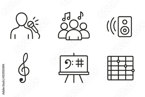 Music Icon Line Art. Line style icons of music and instruments: soloist icon, backing vocals, harmony symbol, sound diffusion icon