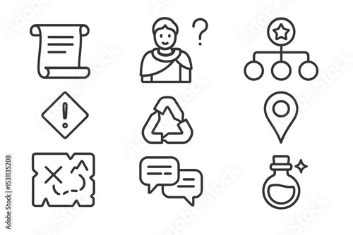 Quest Icon Set. Line style icons of quests: quest scroll icon, quest giver character, main storyline icon, side quest symbol,