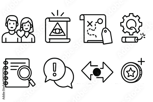 Quest Line Icons. Line style icons of quests: companion loyalty mission, ancient prophecy quest, lost item recovery, sabotage