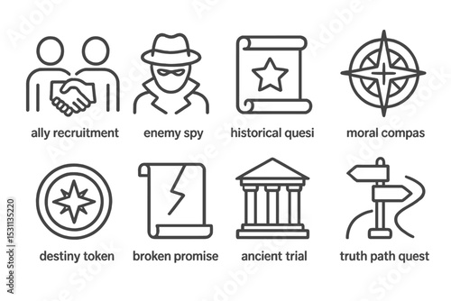 Quest Icons Collection. Line style icons of quests: ally recruitment icon, enemy spy marker, historical quest symbol, moral