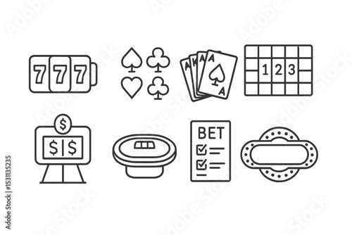 Casino Line Icons. Line style icons of casino: slot reels, playing card suits, royal flush, roulette numbers grid, high stakes