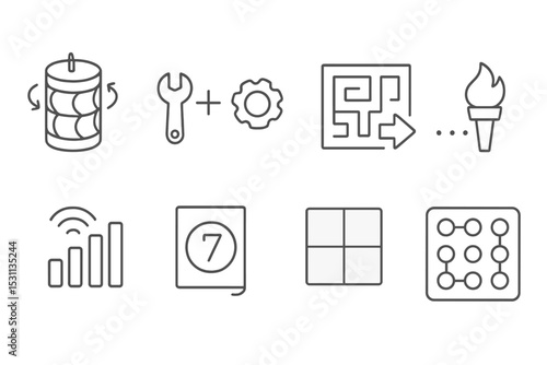 Puzzle Icons Collection. Line style icons of puzzles: rotating pillar puzzle, item combination logic, labyrinth exit marker, torch