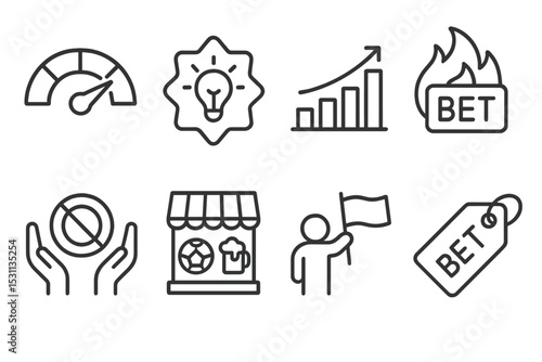 Betting Line Style Icons. Line style icons of betting: confidence meter icon, tip of the day badge, stake bar chart, hot bet icon,