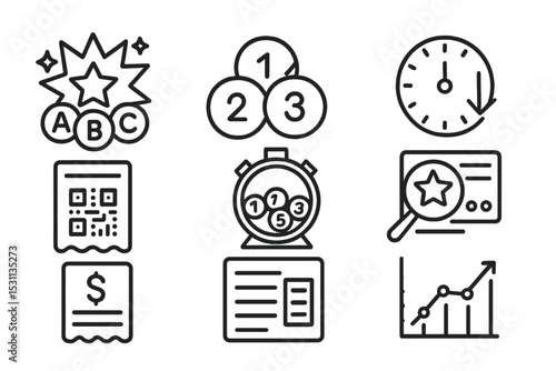 Lottery Icon Set. Line style icons of lottery: mega jackpot icon, matching balls highlight, entry code icon, countdown timer, draw