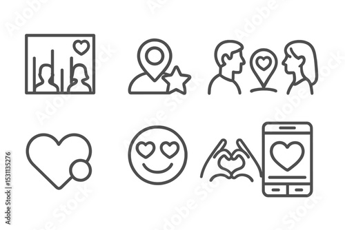 Dating Icons Collection. Line style icons of dating: compatibility chart, favorite user star, match percentage circle, couple meet