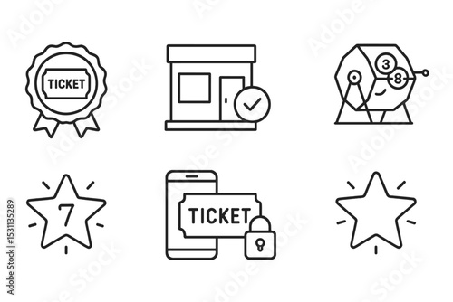 Lottery Line Icons. Line style icons of lottery: free ticket badge, claim office icon, cash prize bundle, draw event icon, lucky