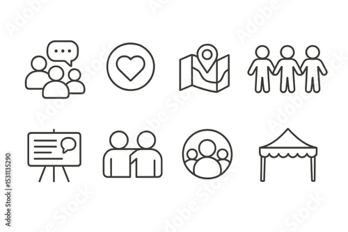 Community Line Icons. Line style icons of communities: group chat icon, shared values heart, local community map, people holding