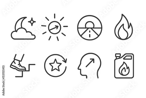 Motivation Icon Set. Line style icons of motivation: dream spark, momentum burst, limitless horizon, fire within icon, next step