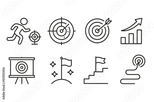 Goal Icons Collection. Line style icons of goals: sprint goal icon, goal radar, win target, effort arrow, future aim board,