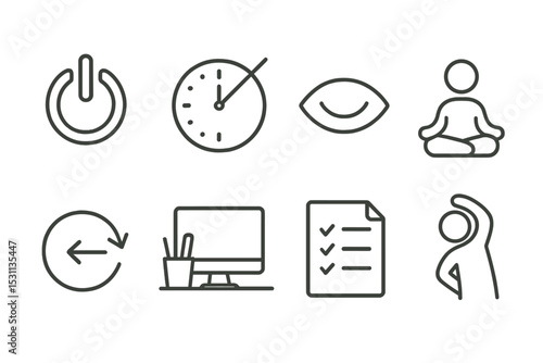 Habit Icons Line Art. Line style icons of habits: power down symbol, offline hour, eye rest habit, mindful break icon, no rush cue