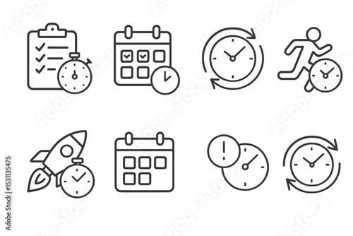 Time Management Icons. Line style icons of time management: checklist timer, task planner, routine ring, action time icon,