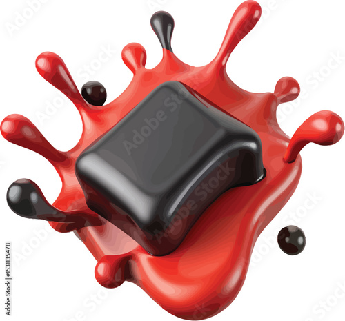 A black cube-shaped candy rests in a vibrant red liquid splash, with additional black spheres scattered around, creating a visually striking and appetizing image.