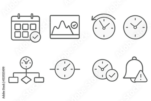 Time Management Icons. Line style icons of time management: blocked schedule icon, peak productivity tracker, energy hour plan,
