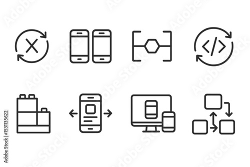 Cross-Platform Compatibility Icons. Line style icons of cross-platform compatibility: version consistency icon, mirrored app