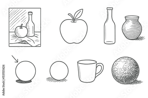 Line Style Still Life. Line style icons of drawing: still life sketch, fruit outline, bottle drawing, ceramic shading, lighting