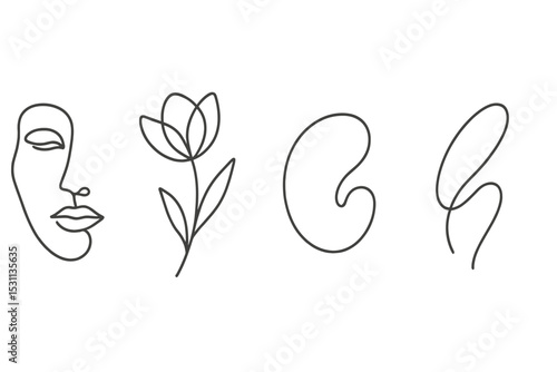 Minimalist Line Art Icons. Line style icons of drawing: minimalist line art, one-line face, contour flower, abstract form, clean