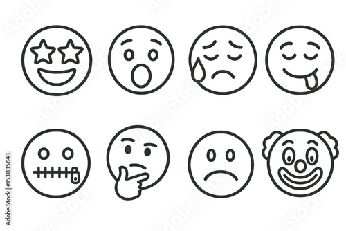 Emoji Line Art. Line style icons of stickers and emojis: star eyes, scream face, sweating emoji, drooling face, zipped mouth,