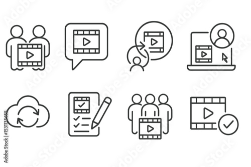 Video Editing Icons. Line style icons of video editing: collaborative edit, comment bubble, version history, remote editor, cloud