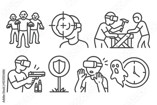 VR Game Icons. Line style icons of VR games: zombie horde, headshot icon, barricade setup, revive teammate, ammo reload, safe zone