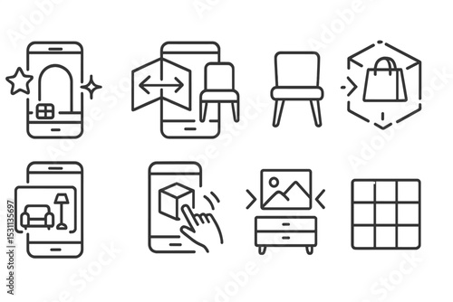 AR Effects Icons. Line style icons of AR effects: scene decoration, room measurement, furniture placement, AR shopping, interior