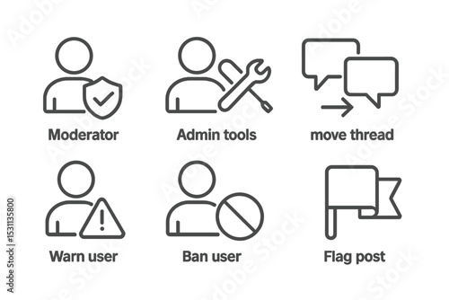 Forum Icons Collection. Line style icons of online forums: moderator icon, admin tools, move thread, merge topics, warn user, ban