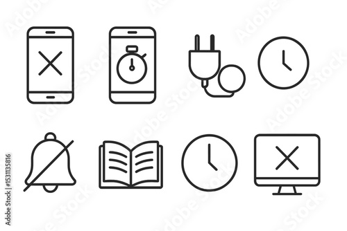 Lifestyle Icons Collection. Line style icons of lifestyle themes: digital detox, phone timer, app lock, unplug reminder, quiet