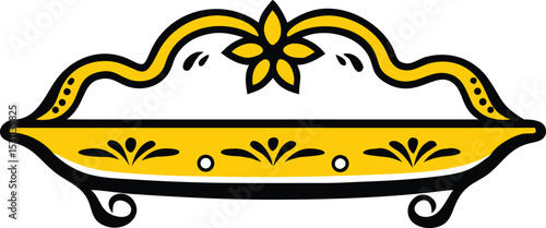 A yellow ornate bowl with black accents and intricate floral designs, resting on elegant scroll legs, ideal for decorative or functional purposes.
