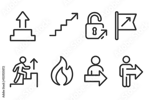 Motivation Icon Set. Line style icons of motivation themes: next level, staircase rise, unlock stage, challenge banner, level up,