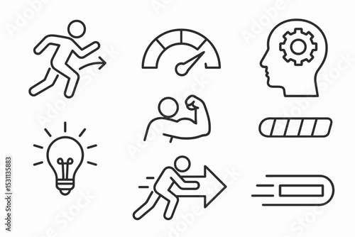 Motivation Icons. Line style icons of motivation themes: self-drive, energy meter, personal best, mindset icon, willpower gauge,