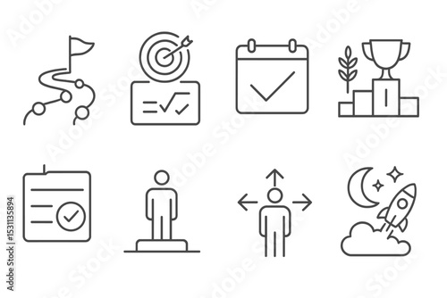 Motivation Theme Icons. Line style icons of motivation themes: milestone tracker, year goal, season win, quarter check, timeline