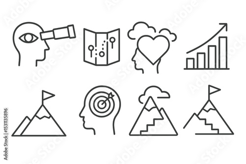 Goal Setting Icons. Line style icons of goal setting: long-term vision, decade map, big dream icon, growth milestone, achievement