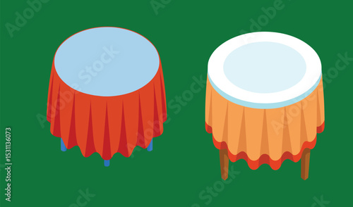 Two isometric round tables with tablecloths