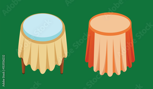 Two isometric round tables with tablecloths
